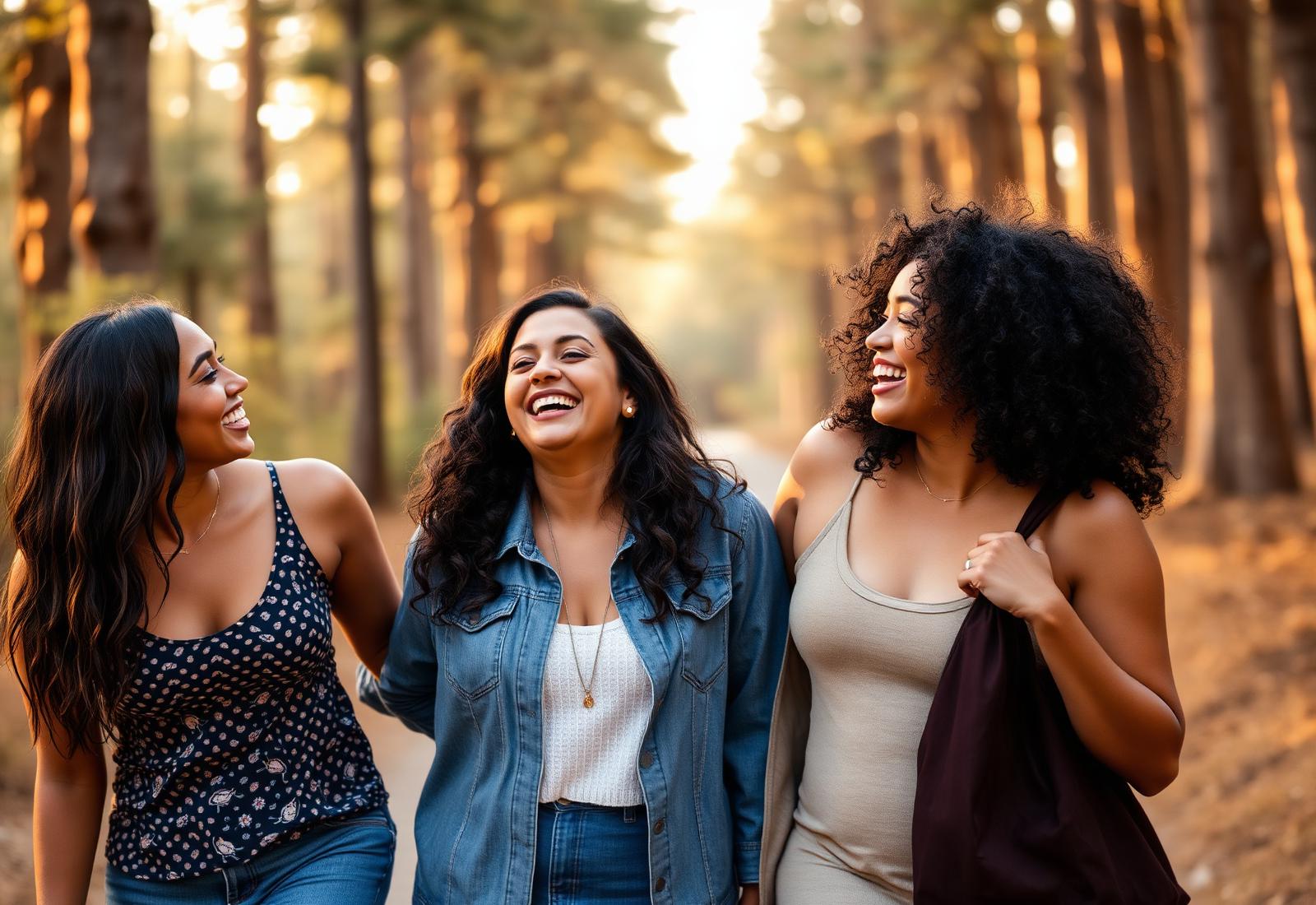 Women walking together outdoors in golden hour light