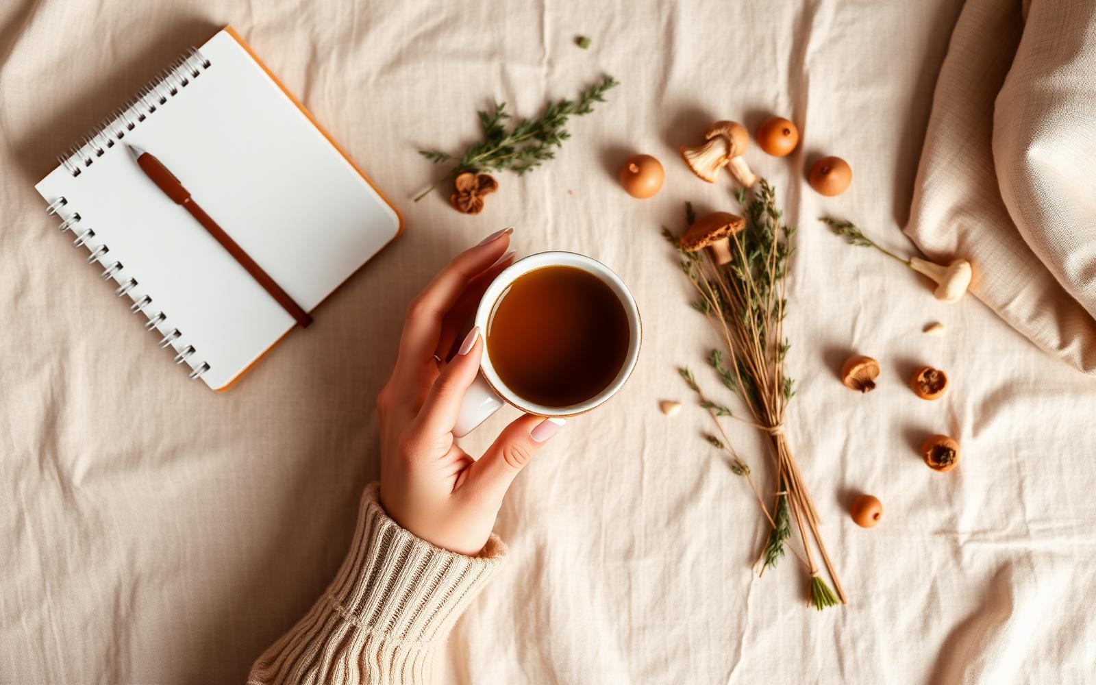 Overhead ritual flat lay with warm mug and dried mushrooms