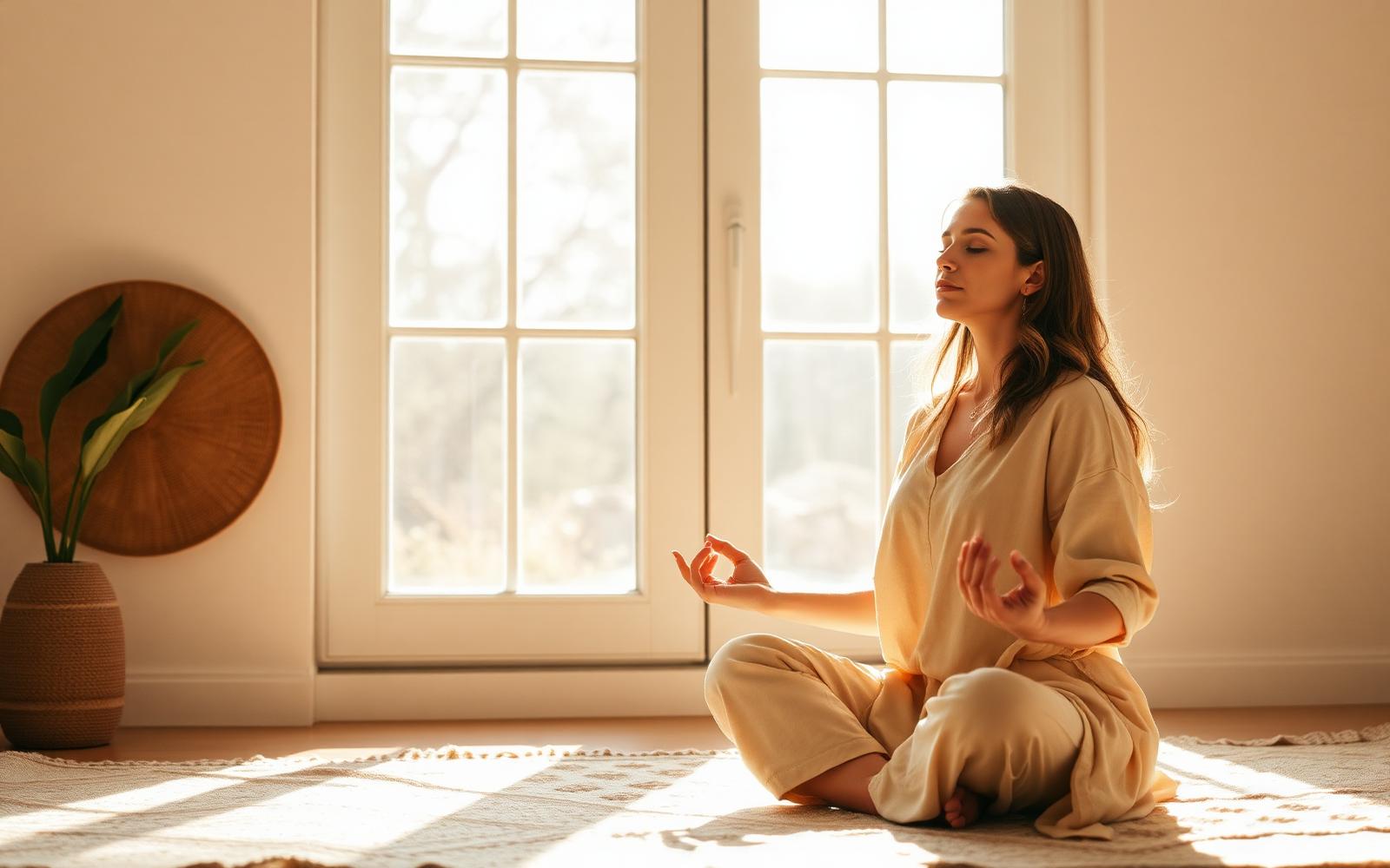 Woman meditating in warm morning light