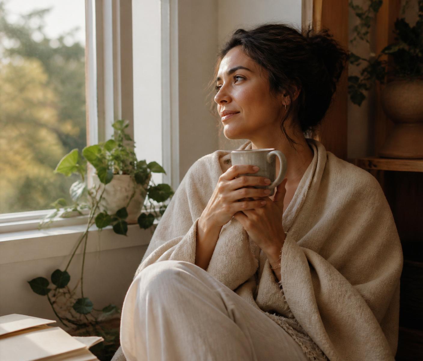Woman at home in warm morning light with a mug