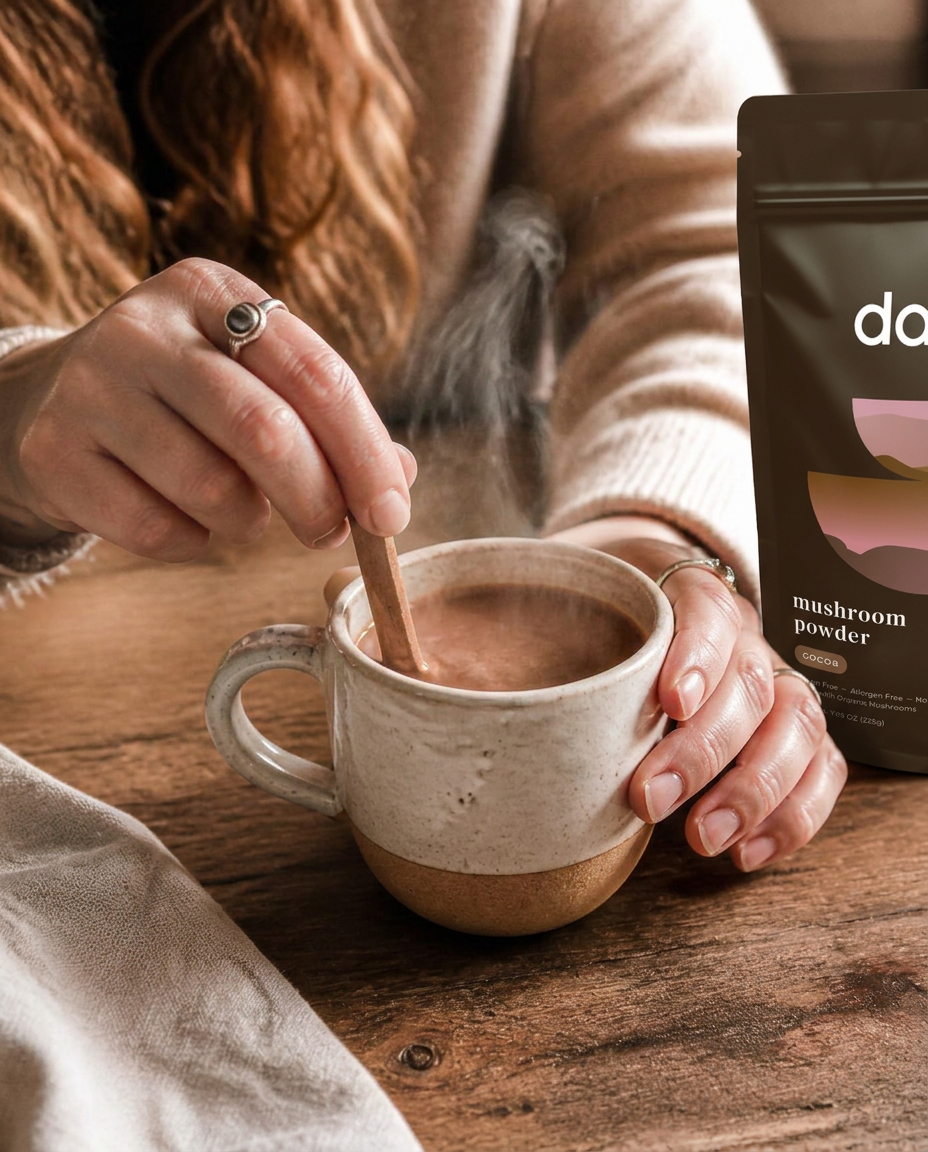 Close up of a woman's hands stirring a warm daido cocoa drink