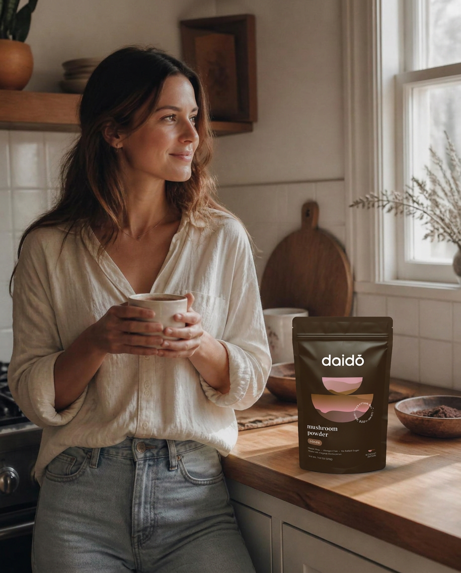 Woman in a sunlit kitchen with Daido cacao powder on the counter