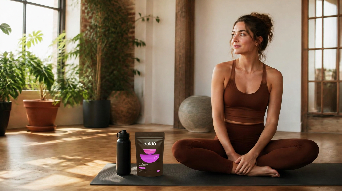 Woman on a yoga mat in a light, airy studio with daido gummies beside her